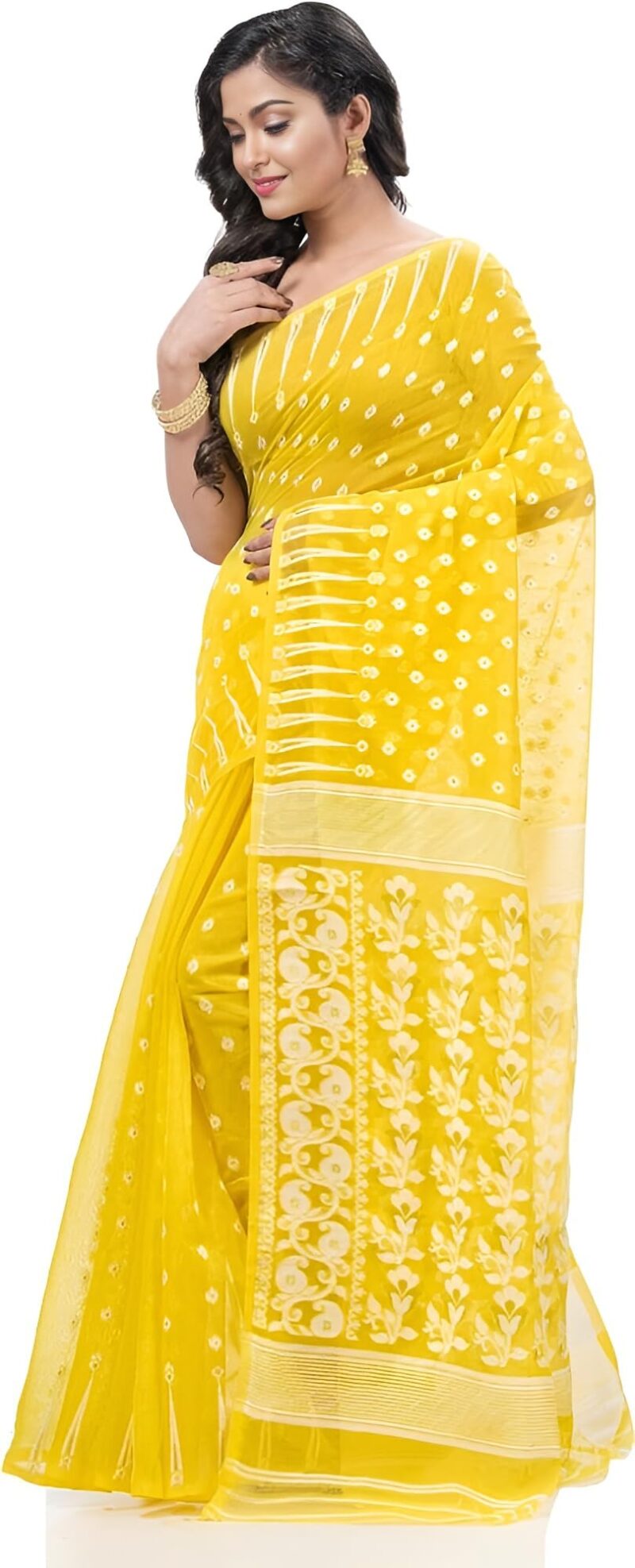 AS Aishwarya Sarees Cotton Silk Women's Bengal Special Soft Dhakai Jamdani Saree For Women With Blouse Piece (Yellow) - Image 5
