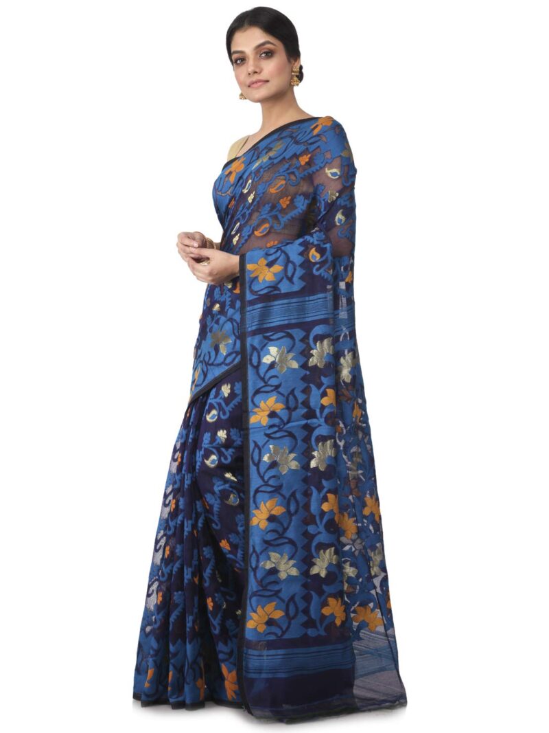 PinkLoom Women's Soft Cotton Jamdani Saree Without Blouse Piece, Blue, Gb166 - Image 4