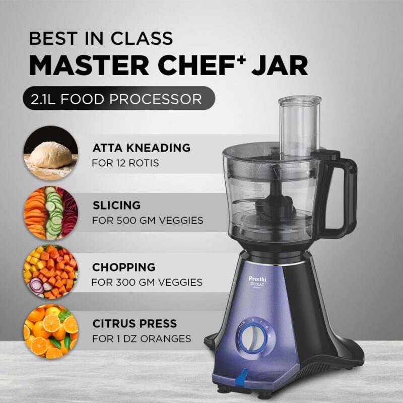 Preethi Zodiac Glitter MG 264, 750 Watt Mixer Grinder, 5 Jars (3 Stainless steel Jars +1 Juicer Jar+1 Master Chef Plus Food processor Jar), Lavender/Black - Image 5