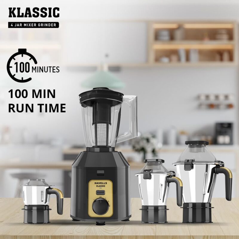 Havells Klassic 1000 watts 4 Jar Mixer Grinder I 2.5 Kg Double Ball Bearing Copper Motor I 22000 RPM I 100 Minutes Run Time I Metal Teeth Coupler & Jar Base I Polycarbonate Jar, Lids with Lock (Grey) - Image 9