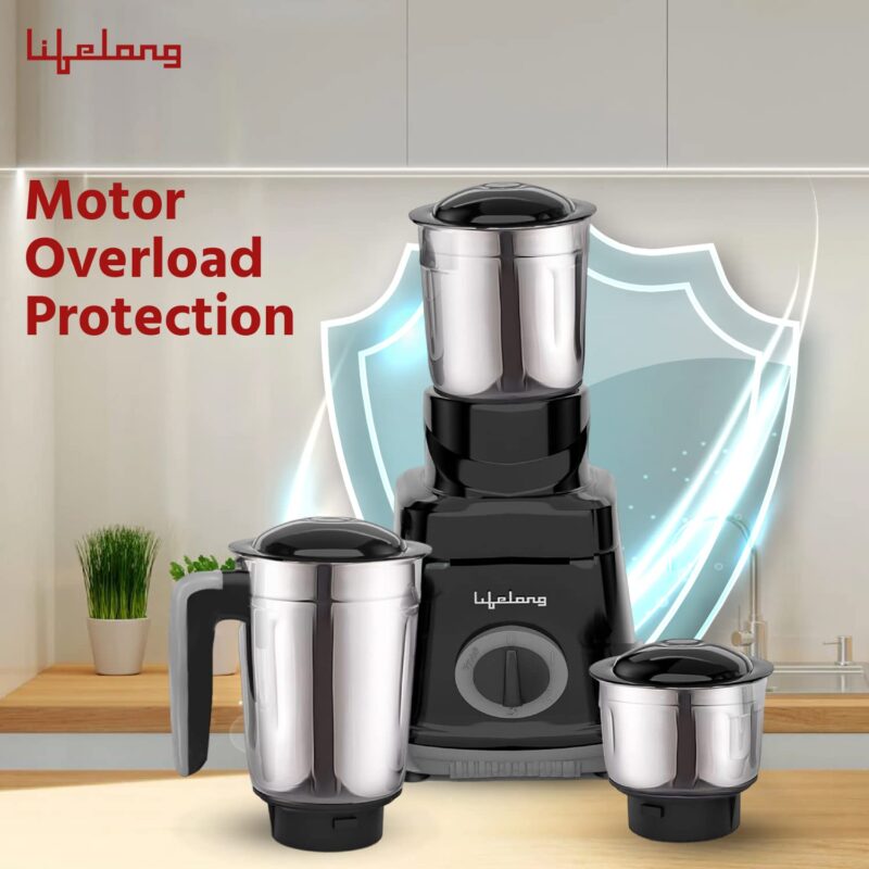 Lifelong LLMG76 750 Watt Mixer Grinder|3 Jars (Liquidizing, Wet Grinding and Chutney Jar)| Stainless Steel blades| 3-Speed & Pulse Function| Anti-Skid Feet| 1 Year Warranty (Black) - Image 5