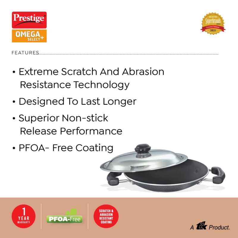 Prestige Omega Select Plus Aluminium Residue Free Non-Stick Appachetty with Lid, 20 cm, Black - Image 7