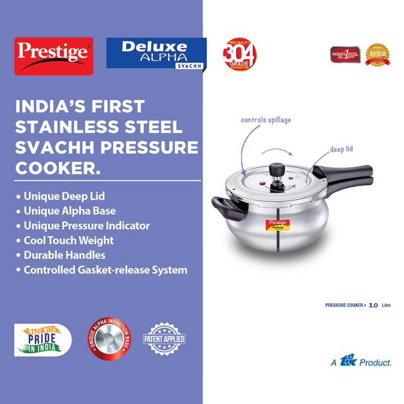 Prestige Svachh Deluxe Alpha Mini Pressure Handi,With Deep Lid For Spillage Control,3 Liter,Stainless Steel,Silver,Outer Lid - Image 3