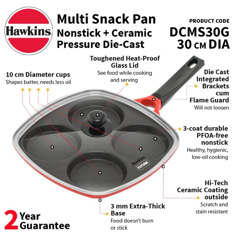 Hawkins 30 cm Die-Cast Multi Snack Pan with Glass Lid, Nonstick Mini Uttapam Tawa, Pancake Pan, Red (DCMS30G) - Image 8