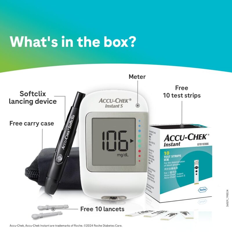 Accu-Chek Instant S Blood Glucose Glucometer Kit with Vial of 10 Strips, 10 Lancets and a Lancing Device Free for Accurate Blood Sugar Testing - Image 2