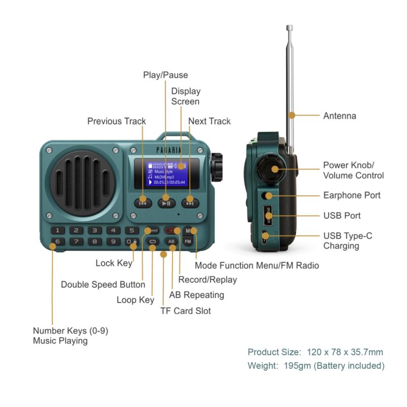 Pagaria Grenade 5 Watts Pocket FM Radio with Bluetooth, Tf Card/USB Speaker – LCD Display with Song Name, Folder Selection, Type C Charging, Voice Recording & More - Image 2