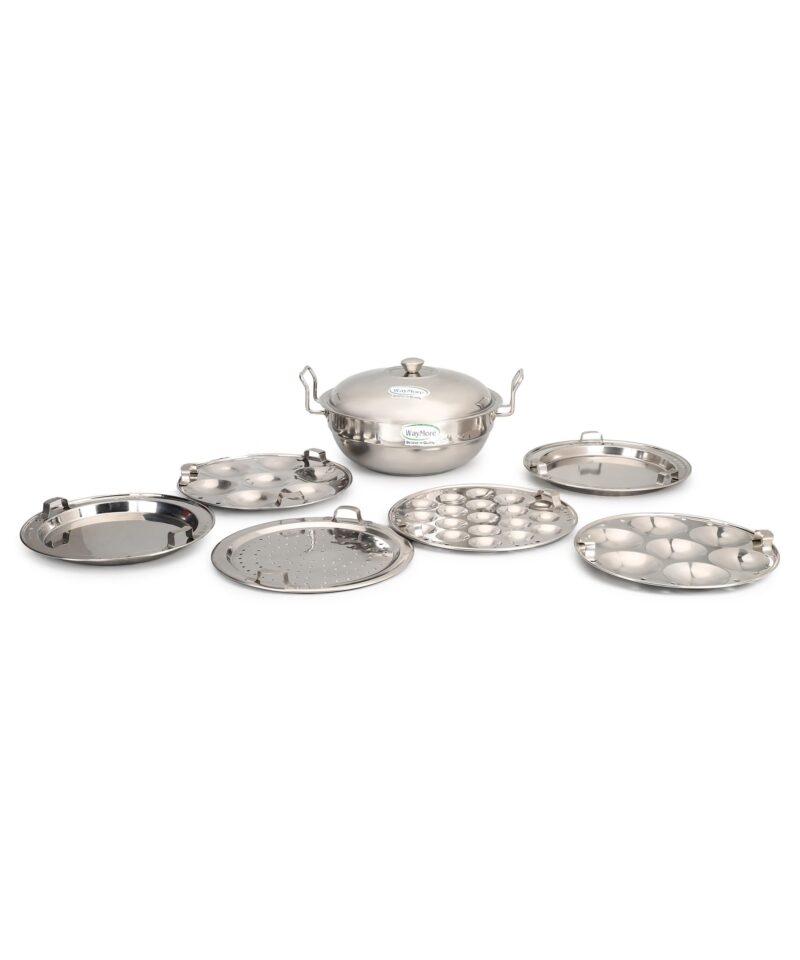 WayMore® Stainless Steel Idli Cooker Multi Kadai Steamer with Induction Bottom All-in-One Big Size 6 Plate, 2 Idli | 1 Mini Idli | 2 Dhokla | 1 Patra | Momo's | 4 in 1 | 28.5 cm Dia.