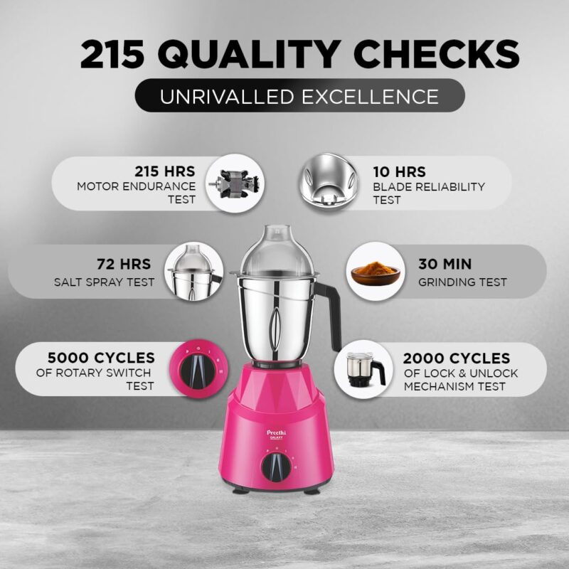 Preethi Galaxy Mixer Grinder for Kitchen| Vega W5 750 Watt Mixie, 3 Jars (Bigger jar Size) | 5yr Motor Warranty & Lifelong Free Service |Pink (MG225), Plastic - Image 3