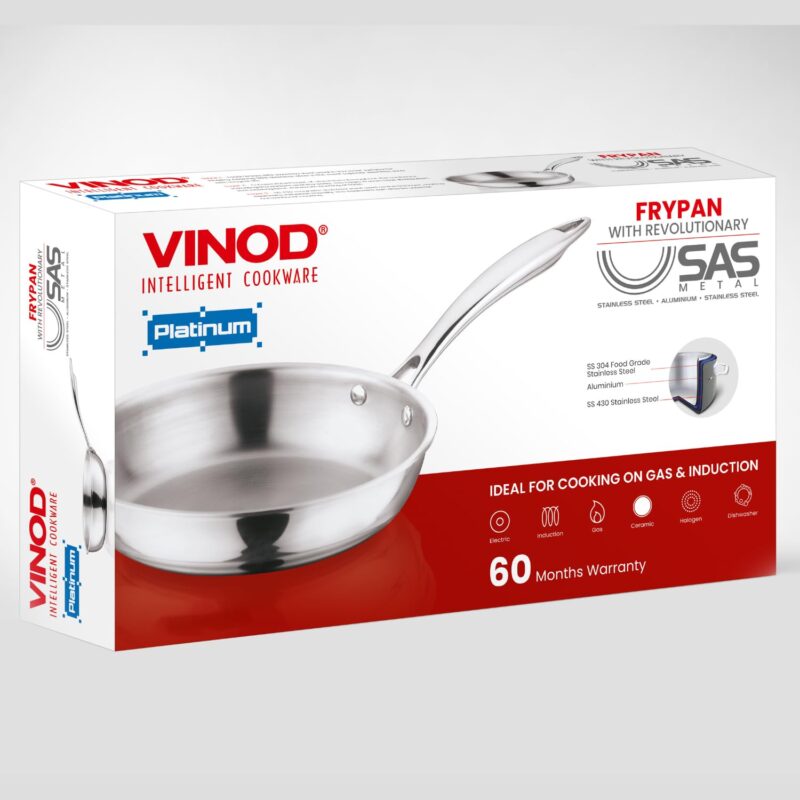 Vinod Platinum Triply Stainless Steel Frypan 20 cm | 2.5 mm Thick | Steel Pan | Scratch Resistant | 5 Year Warranty | Induction & Gas Friendly, Heavy Bottom - Image 2