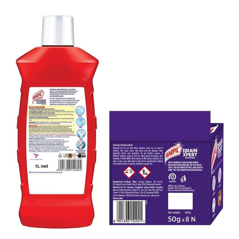 Harpic Disinfectant Bathroom Cleaner Liquid, Lemon - 1L + Harpic Drain Xpert Drain Cleaning Powder (50g x 8) - Image 7