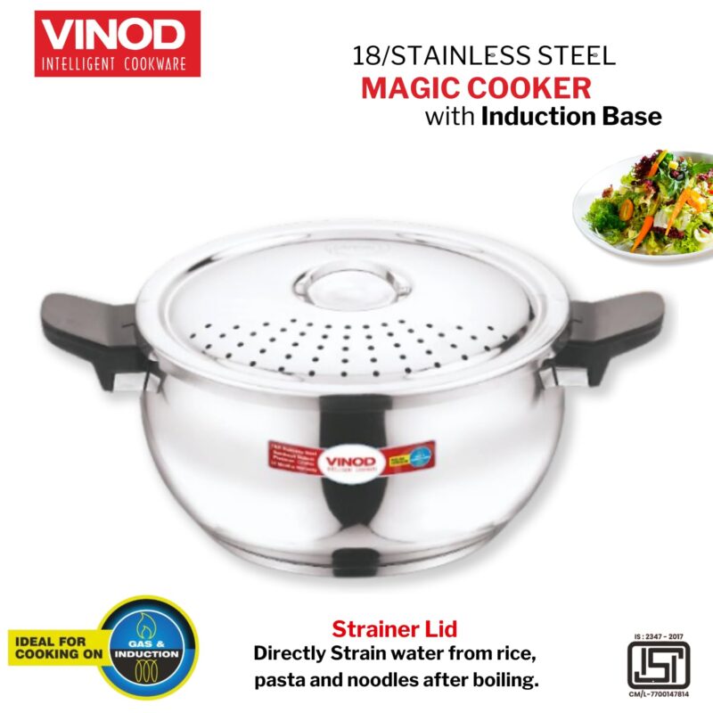 Vinod Magic Stainless Steel Smart 3 in 1 Pressure Cooker 3.5 Litre | 5mm Thick Base | All in One Cooker with Strainer & Glass Lid | Induction and Gas Base | ISI certified | 2 Years Warranty - Image 7