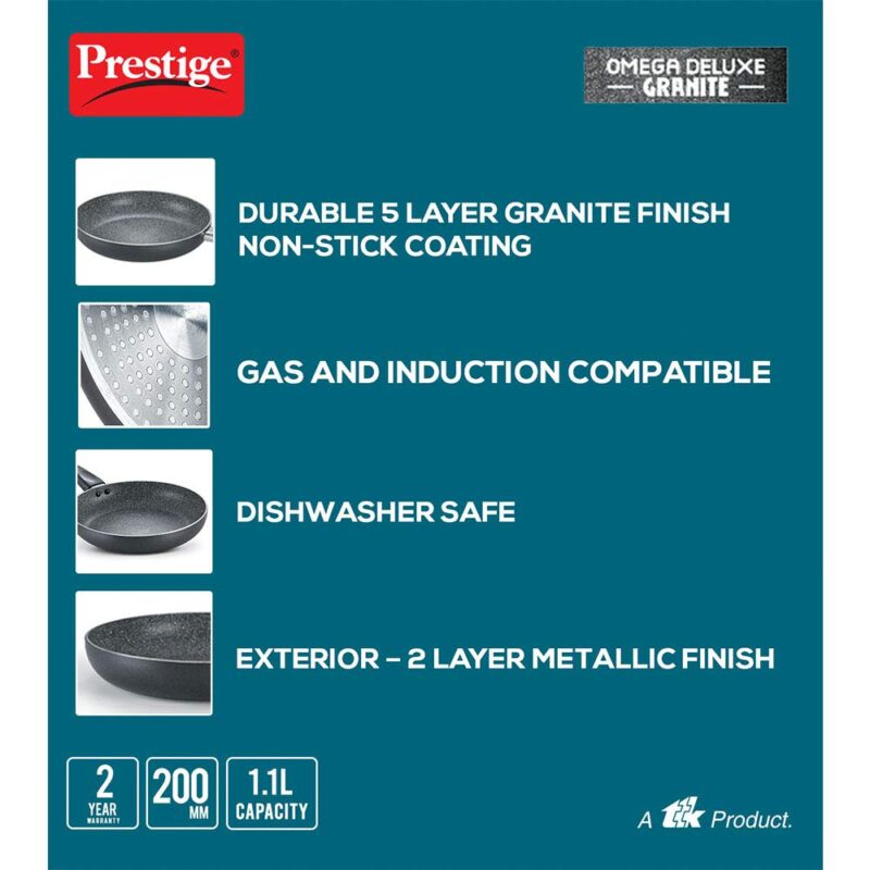 Prestige Non-Stick Omega Deluxe Granite Fry Pan (Omelette Pan)| 20 Centimetre | Black | Induction Base | 5 Layer Non-Stick Cookware | PFOA Free | Easy Grip Handle - Image 5