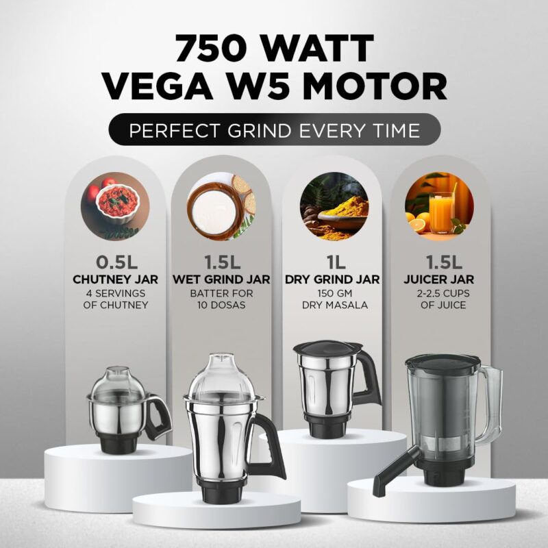 Preethi Zodiac Mg-218 Mixer Grinder for Kitchen, 5 Jars 750 Watt Mixie (3 Stainless Steel Jars +1 Juicer Jar+1 Master Chef Plus Food Processor Jar),Black/Light Grey - Image 5