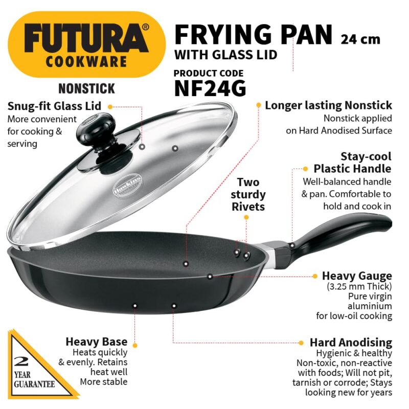Hawkins Futura 24 cm Frying Pan, Non Stick Fry Pan with Glass Lid, Frypan, Black (NF24G) - Image 7