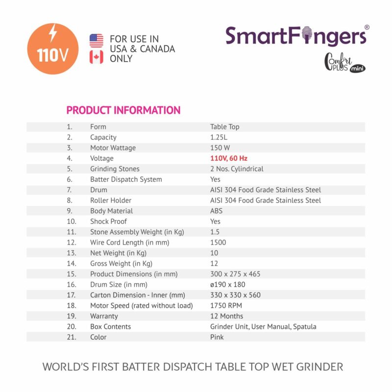 SmartFingers Stainless Steel Comfort Plus Table Top Magic Wet Grinder 110V 60Hz (1.25 L) For Usa Canada And Japan Only, Pink - Image 2