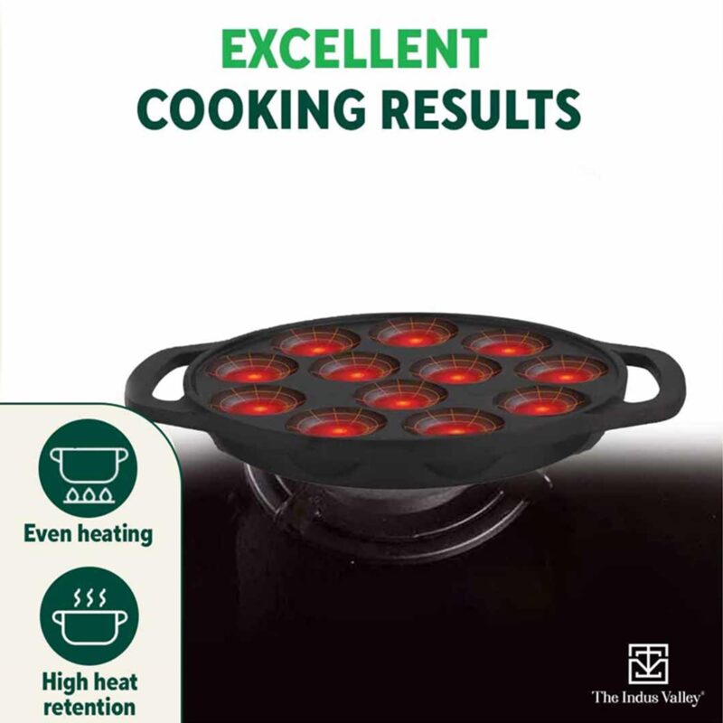 The Indus Valley Pre-Seasoned Cast Iron Paniyaram Pan With Spatula|Medium, 12Pit, 8.3Inch/21 Cm, 2Kg|Induction Friendly|Nonstick Appe/Paddu Pan, 100% Pure & Toxin-Free, No Chemical Coating, Black - Image 5