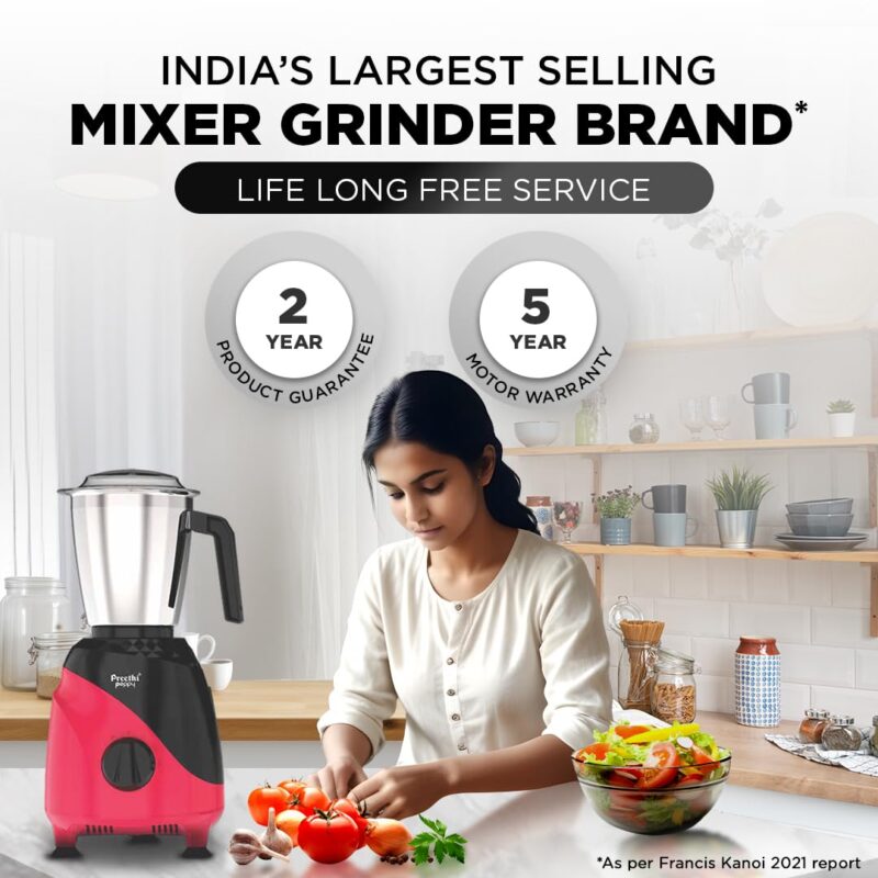 Preethi Peppy Mixer Grinder for Kitchen| 750 Watt Mixie, 3 jars | 5yr Motor Warranty & Lifelong Free Service | Black/Red (MG-245) - Image 2