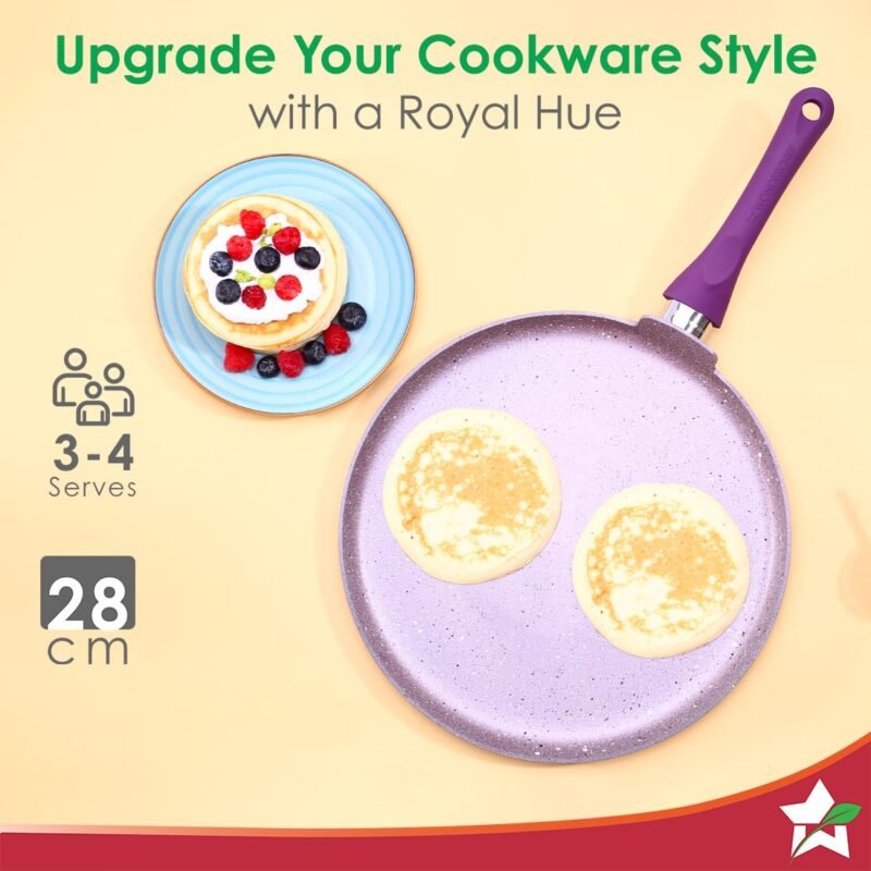 Wonderchef Royal Velvet Non-Stick 28cm Dosa Tawa I Induction Ready | Soft-Touch Handles |Non – Toxic I Virgin Aluminium| 3 mm Thick | 1.8 litres | 2 Year Warranty | Purple - Image 4