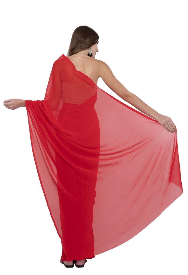LIME Plain Georgette Red Saree With Blouse Piece For Women (Free Size) - Image 2