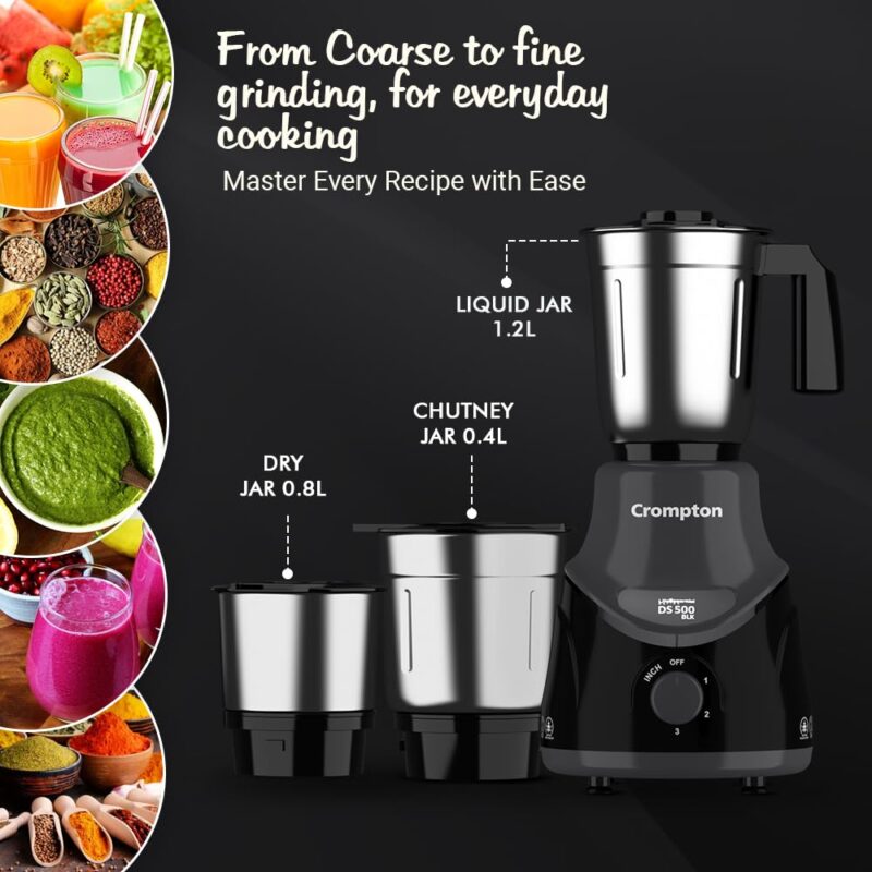 Crompton DS 500 BLK 500-Watt Mixer Grinder with Powertron Motor & Motor Vent-X Technology (3 Stainless Steel Jars, Black & Grey) - Image 2