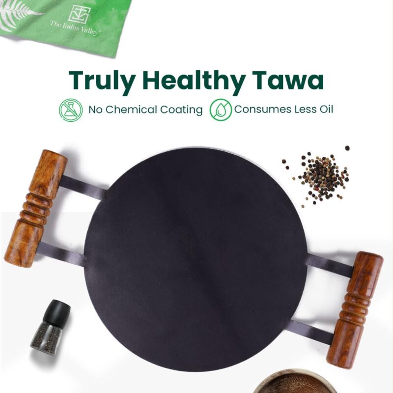 The Indus Valley Pre-Seasoned Round Iron Tawa with Wooden Handle | 12inch/30.4cm - 3.22kg | Induction Friendly | Pre-Seasoned Tawa, 100% Pure & Toxin-Free, No Chemical Coating - Image 8