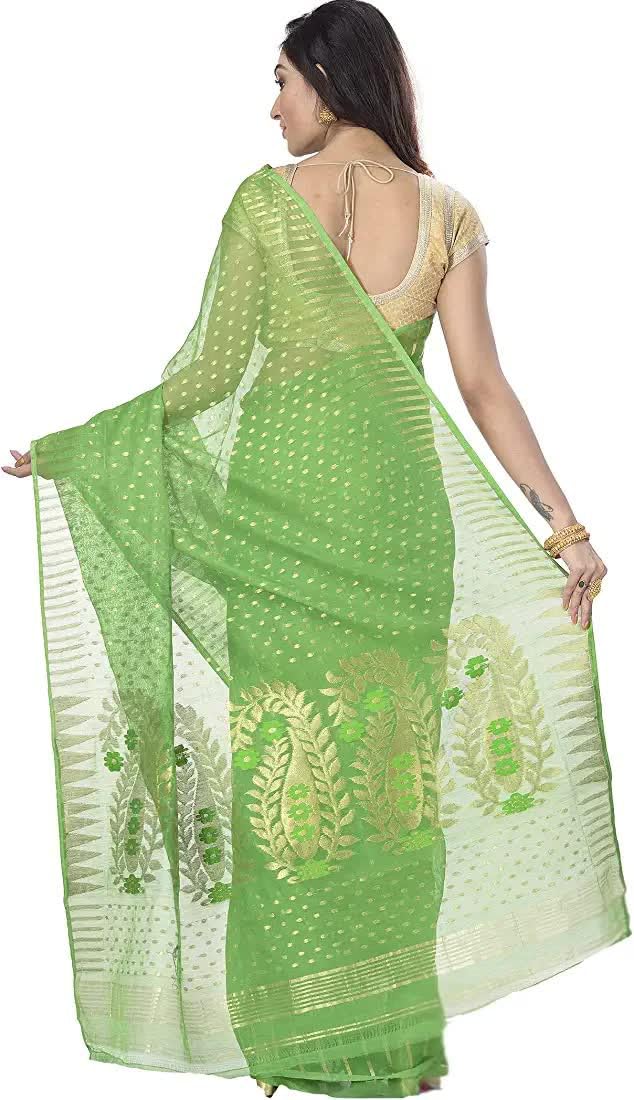 Piyari Fashion Womens Self Design Bollywood Cotton Silk Jamdani Saree Without Blouse Piece (Green) - Image 5