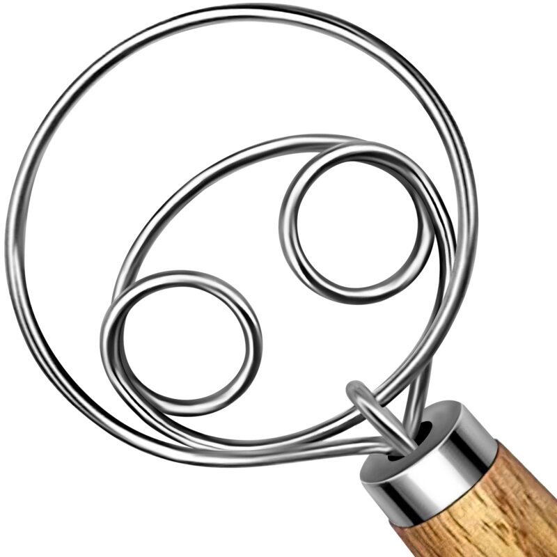 (More Efficient) TeeVea Danish Dough Whisk Stainless Steel Dutch Style Bread Dough Hand Mixer Blender Wooden Handle Kitchen Baking Tools Artisian Blender
