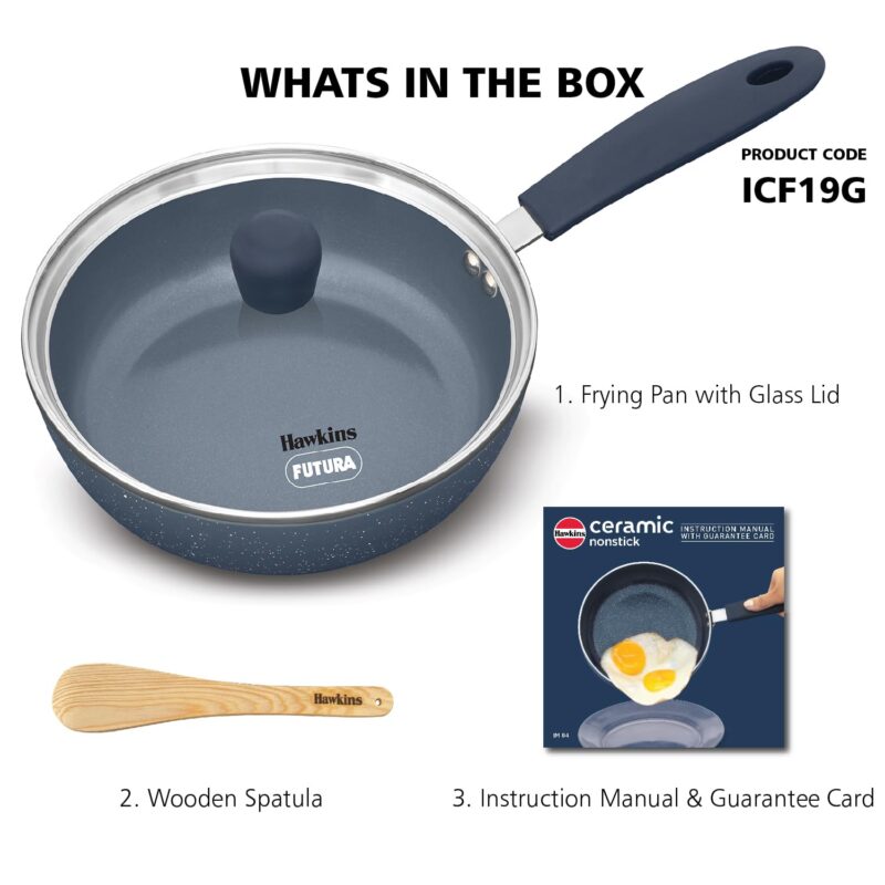 Hawkins Ceramic Nonstick Frying Pan, 19 cm Diameter, Induction Fry Pan with Glass Lid, Granite Omlette Egg Pan, Fish Pan (ICF19G) - Image 2