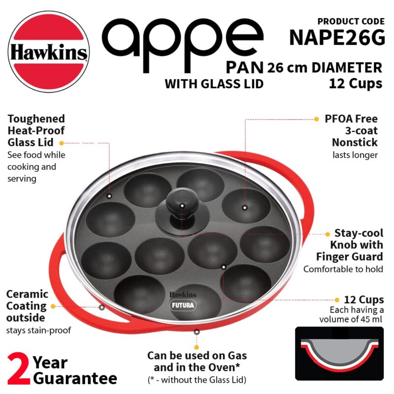 Hawkins Futura 26 cm Appe Pan, Non Stick Paniyaram Pan with Glass Lid, 12 Cups Paniyarakkal Ceramic Pan, Litti Pan, Kuzhi Paniyaram Pan, Ponganalu Pan, Red (NAPE26G) - Image 9
