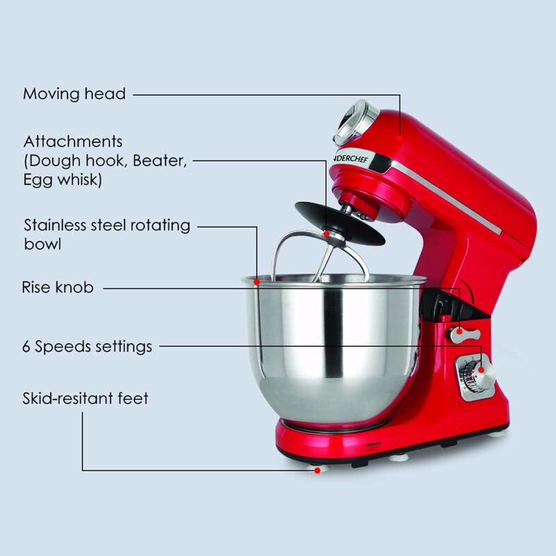 Crimson Edge Die-Cast Metal Stand Kitchen Mixer & Beater with free attachments | 5.7L SS Bowl | 1000W motor | 6 Speed Setting | Whisking Cone, Mixing Beater & Dough Hook attachments | 3 Yrs warranty | Red - Image 4