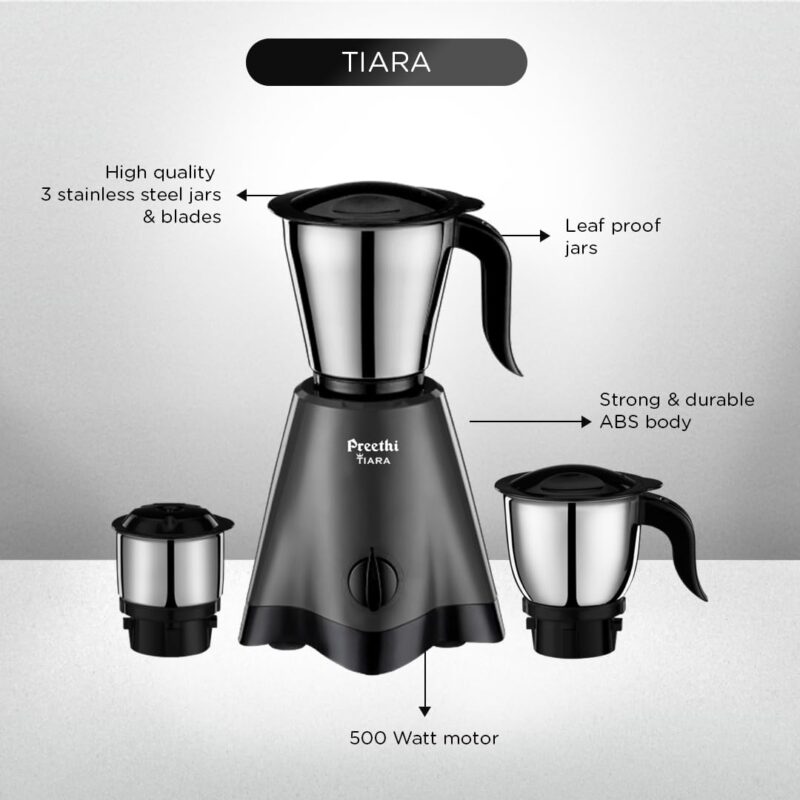 Preethi Tiara Mixer Grinder for Kitchen - 3 Jars 500 Watt Mixie - Chutney Jar & Dry Grinder Jar used as Wet Grinder & Blender - Stainless Steel Blades(Grey) - Image 4