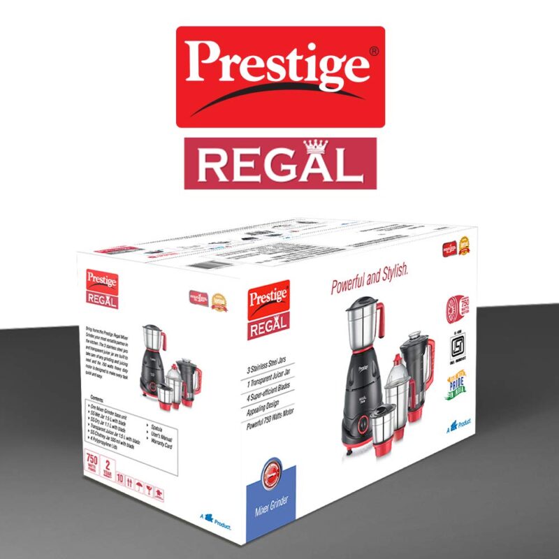 Prestige Regal Mixer Grinder, 750W, 3 Stainless Steel Jar + 1 Juicer Jar, Multi-Color, Medium - Image 2