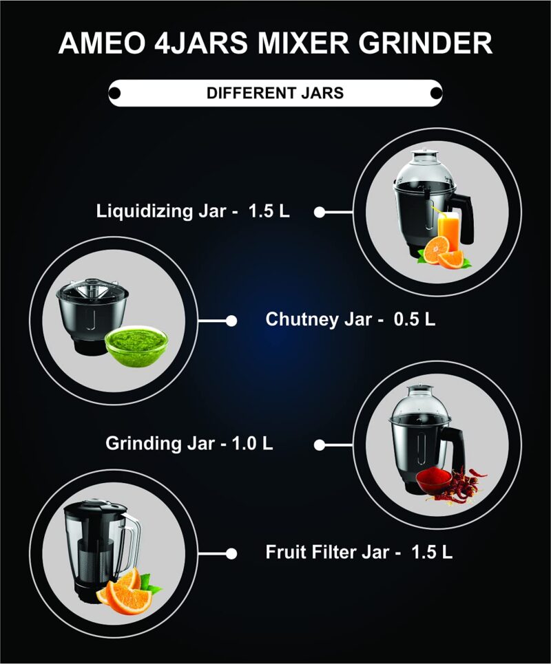 Crompton Ameo 750-Watt Mixer Grinder with MaxiGrind and Motor Vent-X Technology (3 Stainless Steel Jars and 1 Juicer Jar, Black & Green) (AMEO-4JARS) - Image 4