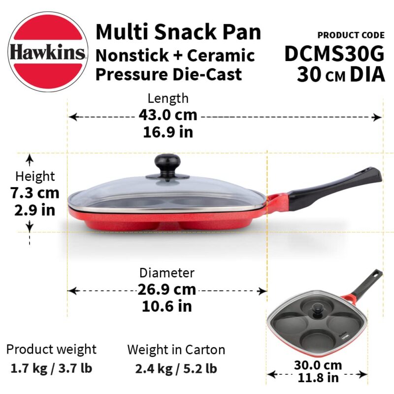 Hawkins 30 cm Die-Cast Multi Snack Pan with Glass Lid, Nonstick Mini Uttapam Tawa, Pancake Pan, Red (DCMS30G) - Image 7