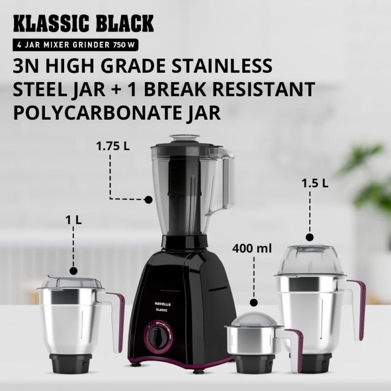 Havells Klassic 750 Watt 4 Jar Mixer Grinder, 21000 RPM Heavy Duty Universal Motor, 304 SS Blades, Large Size Break Resistant JarLids With Twist & Lock Mechanism- Black - Image 8