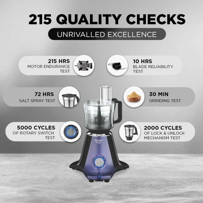 Preethi Zodiac Glitter MG 264, 750 Watt Mixer Grinder, 5 Jars (3 Stainless steel Jars +1 Juicer Jar+1 Master Chef Plus Food processor Jar), Lavender/Black - Image 4