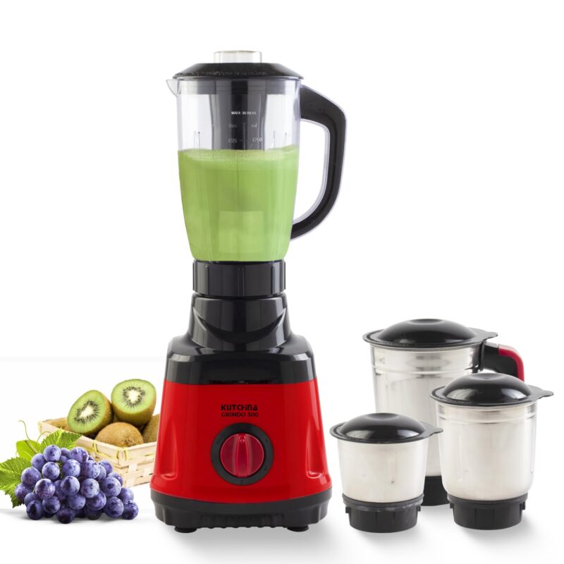 Kutchina Grindo Excel Mixer Grinder 500 Watt with 4 Jars (Juicer Jar, Liquidizing, Wet Grinding, Chutney Jar) | Stainless Steel Blades | Mixer Grinder 500+ Watt | 2Yrs on Product, 5Yrs on Motor