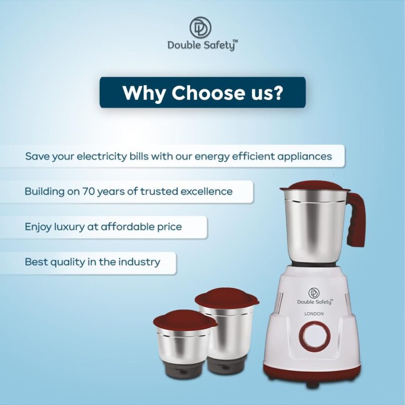 Double safety London Mixer Grinder 550 watts | 3 Stainless Steel Jars | Chutney Jar, Dry Grinding and Liquidizing jar to make chutneys, Milkshake, Smoothies, Puree | High Speed - Image 5