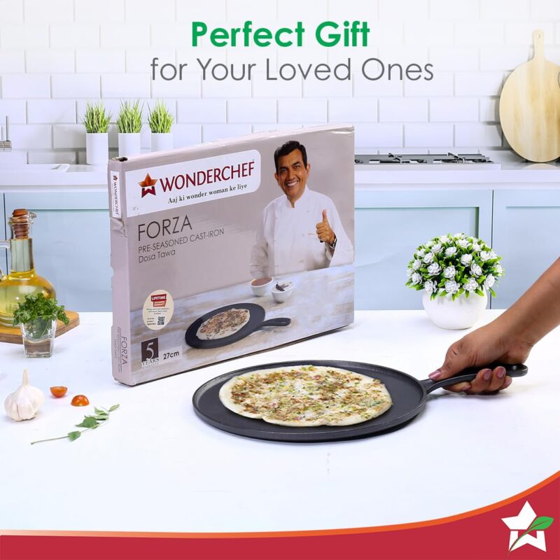 Wonderchef Forza Cast-Iron 27 cm Dosa Tawa Pan | Pre-Seasoned Cookware | Induction Friendly | 4 mm | with Lifetime Exchange Warranty - Image 2