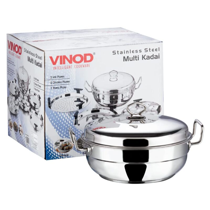 Vinod Stainless Steel Deluxe Multi Kadai with 6 Plates - 26cm, 2 Idli, 2 Dhokla,1 Patra and 1 Mini Idli Plate | Dhokla and Momos Steamer, Maker,Induction Friendly - Image 2