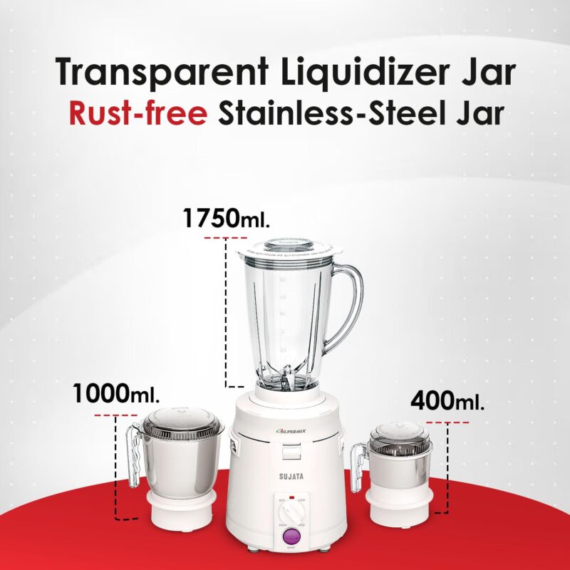 Sujata Supermix 900 Watts Mixer Grinder | 22000 Rotations Per Min | 90 Minutes Continuous Running | 3 Versatile Jars 1750 ml, 1000 ml and 400 ml - Image 3