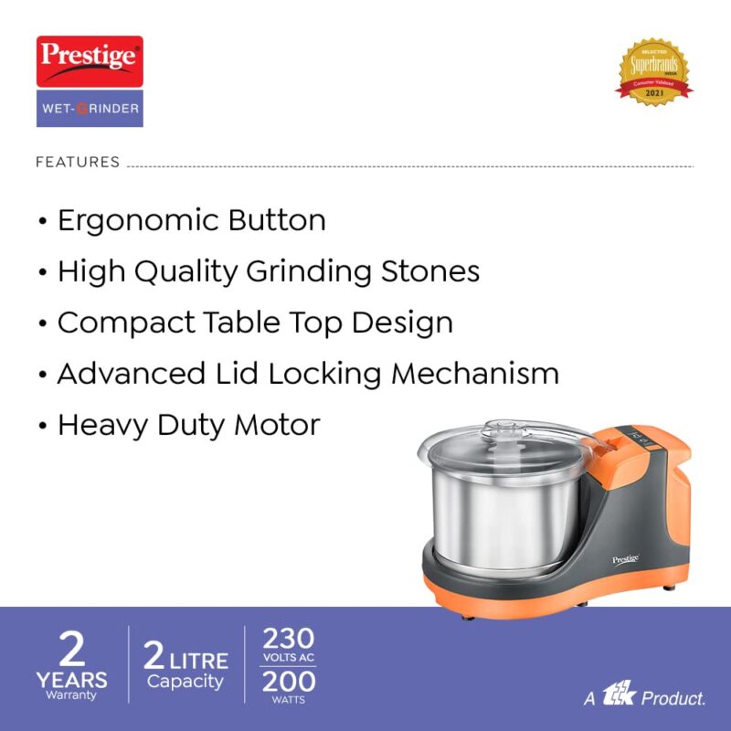 Prestige PWG 10 Wet Grinder with 200 Watts Motor, Multi Color - Image 8