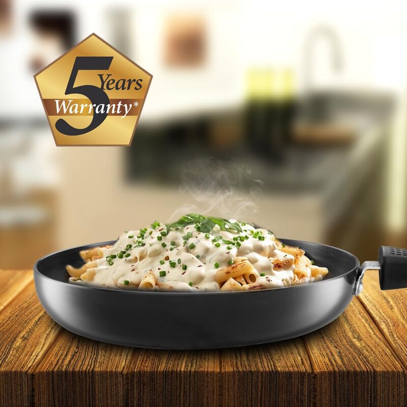 KENT Hard Anodised Frying Pan 22 CM | 1.4L | Non Reactive, Non Toxic, & Non Staining Food Grade Surface | 3.25mm Thick Base for Uniform Heating| Cool Touch Bakelite Handle | Induction Friendly, Black - Image 2