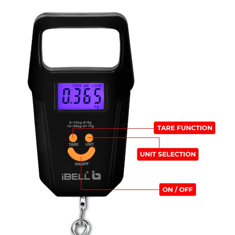 iBELL Rechargeable Weight Machine For Luggage Weighing Scale, Portable, 50 KG, Hook Type with Digital LED Screen & Tare Function, LS510RM (Black) - Image 4