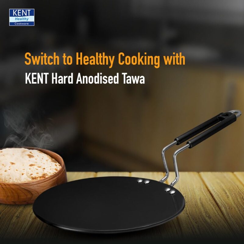 KENT Hard Anodised Roti Tawa 25 CM | Non Reactive, Non Toxic, & Non staining Food Grade Surface | 4.88 mm Thick Base for Uniform Heating | Cool Touch bakelite Handle | Induction Friendly | Black - Image 6