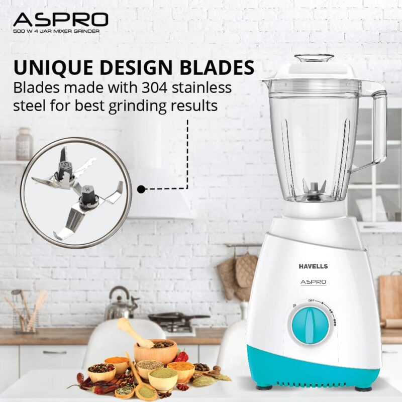 Havells Aspro 4 Jar 500 watt Mixer Grinder with 1.75Ltr Polycarbonate Jar with Fruit Filter, 21000 RPM, Overload Protector, 2 Yr Product & 5 Yr Motor Warranty (White and Light Blue) - Image 3