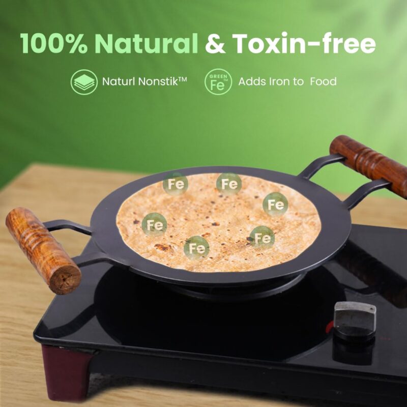 The Indus Valley Pre-Seasoned Round Iron Tawa with Wooden Handle | 12inch/30.4cm - 3.22kg | Induction Friendly | Pre-Seasoned Tawa, 100% Pure & Toxin-Free, No Chemical Coating - Image 7