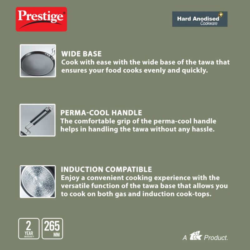 Prestige Hard Anodized Plus Roti/Chapati Tawa (Aluminium)|Wide Base with 26.5 cm|Perma Cool Handle|Gas & Induction Compatible|2 Years Warranty - Image 5