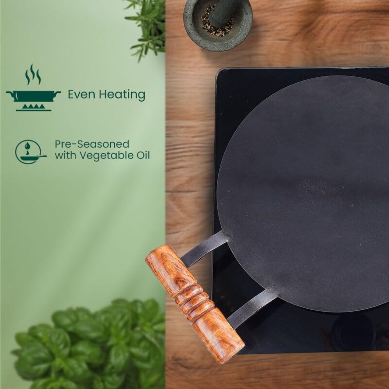 The Indus Valley Pre-Seasoned Round Iron Tawa with Wooden Handle | 12inch/30.4cm - 3.22kg | Induction Friendly | Pre-Seasoned Tawa, 100% Pure & Toxin-Free, No Chemical Coating - Image 6