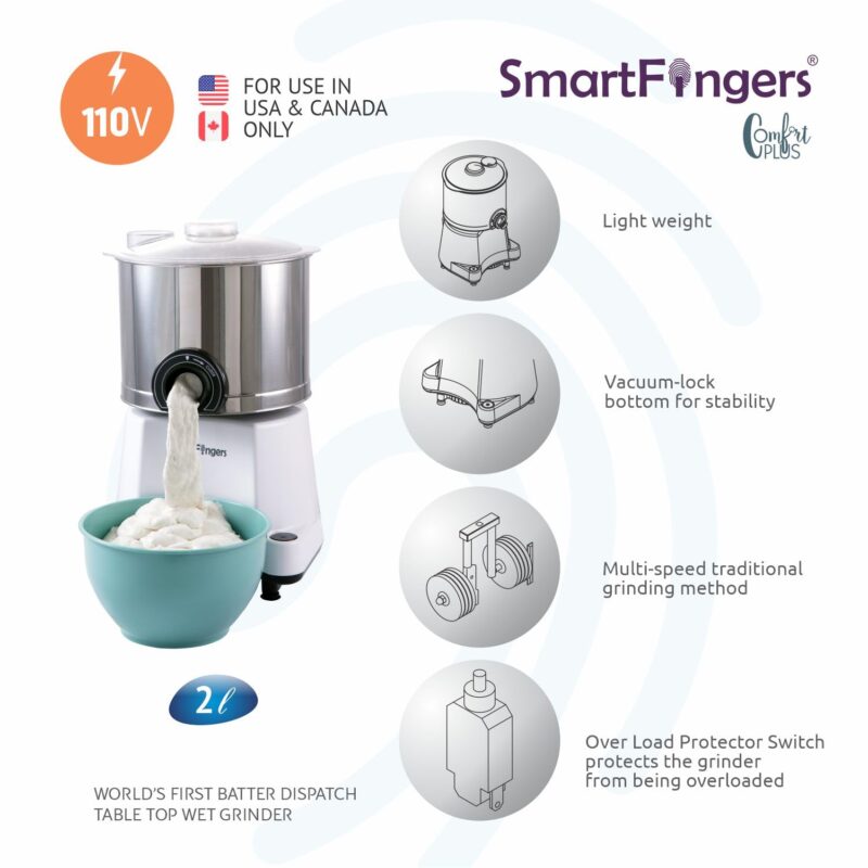 SmartFingers Stainless Steel Comfort Plus Table Top Magic Wet Grinder 110V 60Hz (2 L) For Usa Canada And Japan Only, White - Image 6